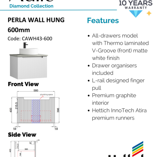 VANITIES - Perla Wall Hung Vanity w/ Ceramic Top