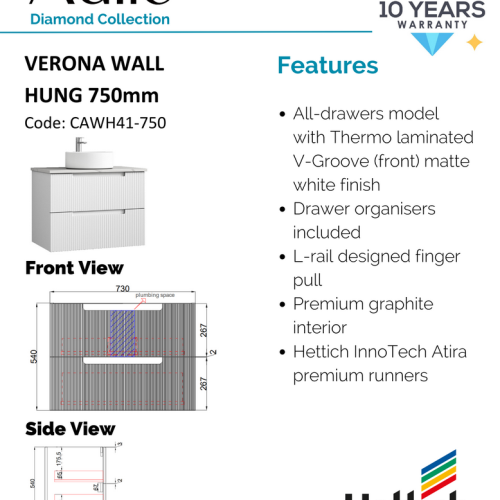 VANITIES - Verona Wall Hung Vanity w/ Stone Top