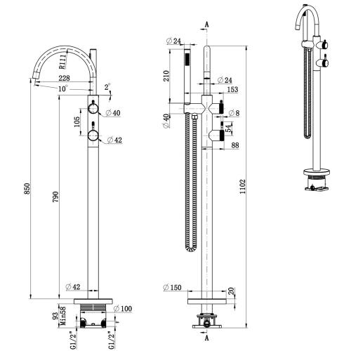 TAPWARE - Mica Fluted Freestanding Bath Mixer with Hand Shower - French Gold